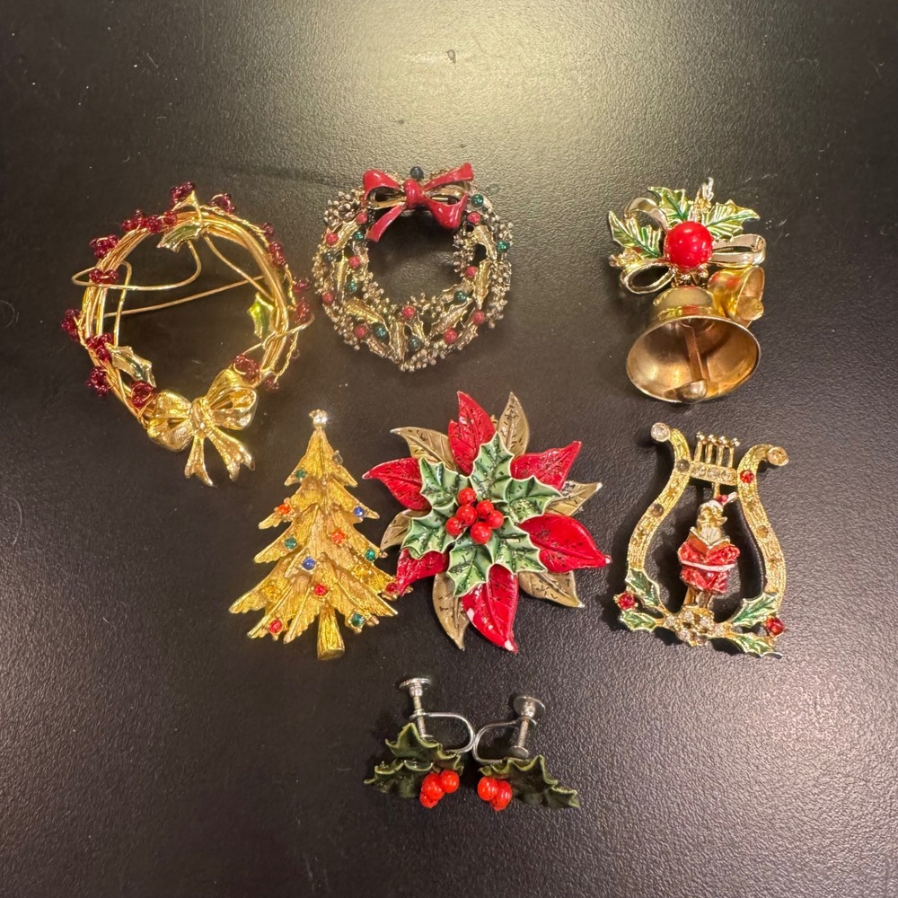 Vintage Christmas Jewelry Lot Multicolor Brooches and Holly Earrings